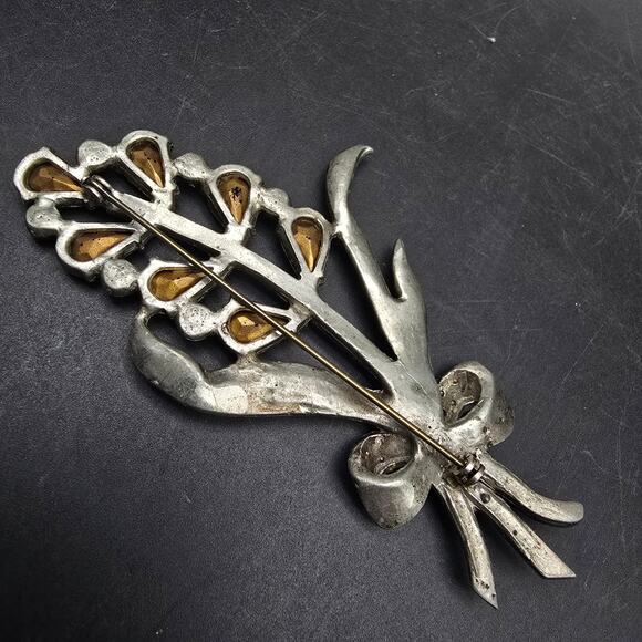 Rhinestone Flower Bouquet Brooch Pot Metal Silver Tone Vintage Jewelry - Picture 3 of 8